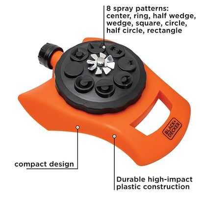Black + Decker® 8-Pattern Turret Sprinkler – Up to 962 Sq. Ft. Coverage, Durable Build, Versatile Spray Options BD57392