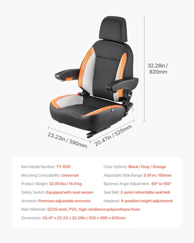 VEVOR Universal Forklift Seat, Tractor Seat with Adjustable Back & Headrest