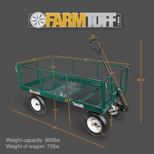 FARM-TUFF Heavy-Duty Metal Mesh Garden Wagon, 48" x 24" - 800Lb Capacity Utility Cart with Pneumatic Tires, Fold-Down Sides & Powder-Coated Frame for Hauling Heavy Materials