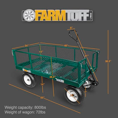 FARM-TUFF Heavy-Duty Metal Mesh Garden Wagon, 48" x 24" - 800Lb Capacity Utility Cart with Pneumatic Tires, Fold-Down Sides & Powder-Coated Frame for Hauling Heavy Materials