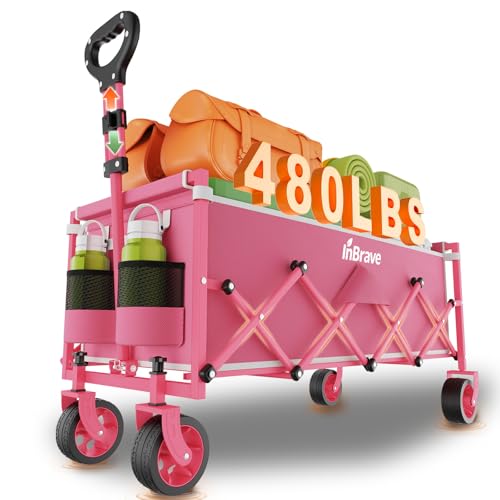 34" Extra Long Collapsible Wagon Cart, 480LBS Capacity, Rose Pink - color: Rose Pink