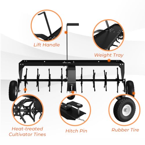 MOUMON 48.5” Tow Behind Lawn Aerator, Tow Behind Plug Aerator with 32 Tines