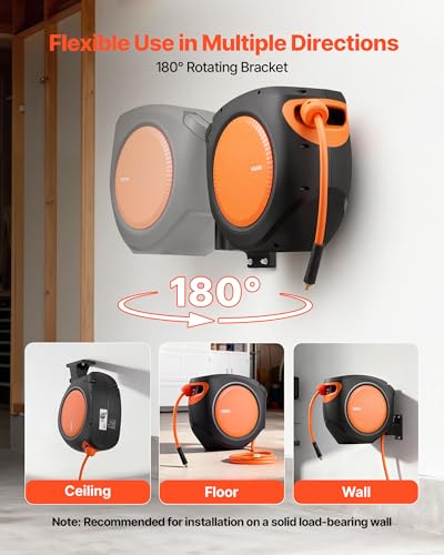 VEVOR Retractable Air Hose Reel, 3/8 Inch x 80 FT Hybrid Air Hose Max 300PSI, Enclosed Air-Compressor Hoses Reel Auto Rewind with 6.6 ft Lead in, 180° Swivel Ceiling/Wall Mount for Workshops - size: 3/8IN x 80FT