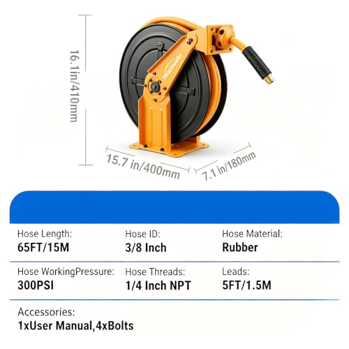 Retractable Air Hose Reel, 3/8" x 65FT Hybrid Air Hose, 300PSI Max, Auto-Rewind & Length-Lock, 1/4" NPT Fitting, Ceiling/Wall Mount Heavy Duty Dual Arm Steel Reel for Workshop/Garage - size: 3/8"x65ft Dual Arm