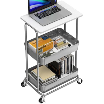Simple Houseware 2-Tier Rolling Utility Cart Wood Top/Lockable Wheel, White - color: White