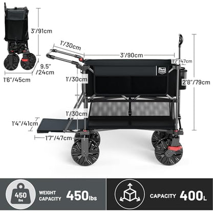 TIMBER RIDGE Push & Pull Double Decker Wagon, 400L Capacity & 450lb Load - color: Black, size: With Push Handle