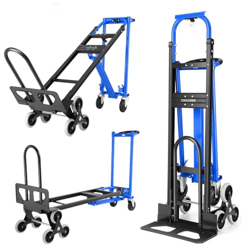 1000lbs Stair Climbing Dolly, 3-in-1 Convertible Aluminum Hand Truck, Blue | Heavy Duty Foldable Dolly Cart with Solid Rubber Tri-Wheels, Loop Handle and 2 Bungee Cords for Moving, Warehouse - color: Blue