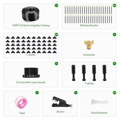150FT Drip Irrigation System for Garden – Automatic Watering Kit with Solid Brass Metal Connectors, 360° Bendable Tubing &50 Adjustable Nozzles for Greenhouse, Lawn, Yard & Plants - size: 150 FT