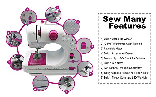 Mini Sewing Machine – Portable, Battery & AC Powered, 12 Programmed Stitch Patterns, Dual Speed – Sews Forward & Reverse, AC Power or Battery Operated – Includes Foot Pedal - style: Mighty Multi