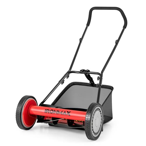 Goplus Manual Lawn Mower, 16 Inch 5-Blade Walk-Behind Cordless Grass Cutter with 7 Gallon Removable Grass Collect Bag, Adjustable Cutting Heights, Push Reel Lawn Mower for Yard, Garden - color: Red, size: 16 Inch