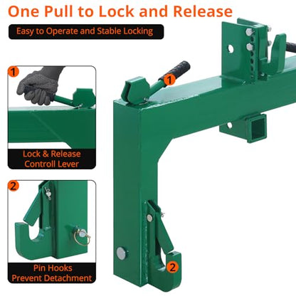 3-Point Quick Hitch for Category 1 & 2 Tractors - 3000 Lbs Lifting Capacity with 2" Ball Hitch Receiver & 5 Adjustable Bolt Points-Green