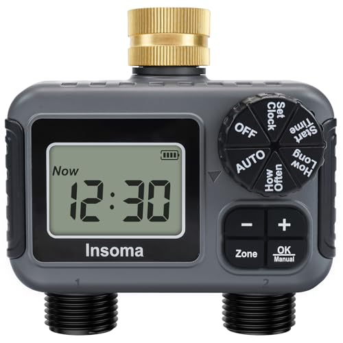 Insoma 2-Zone Hose Timer - Brass Inlet Dual Outlet Sprinkler Timer with Rain Delay/Manual/Auto Modes, 2-Outlet Water Timers for Garden/Greenhouse/Flower Irrigation, Durable Faucet Timers for Lawn Care - size: 2 Zone-Brass Inlet