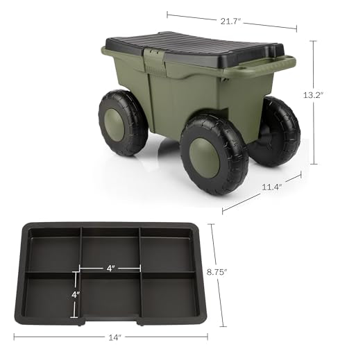 Pure Garden Rolling Garden Cart with Seat, Green - color: Green