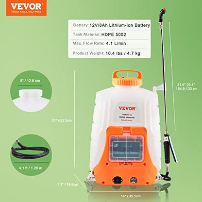 VEVOR Battery Powered Backpack Sprayer, 0-90 PSI Adjustable Pressure, 4 Gallon Tank, Back Pack Sprayer with 8 Nozzles and 2 Wands, 12V 8Ah Battery, Wide Mouth Lid for Weeding, Spraying, Cleaning - size: 4 Gal