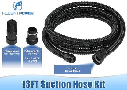 FLUENTPOWER 13FT x 1" Suction Hose Kit with Check Valve, Corrugated Pipe 13ft Long, Water Intake Hose Set, Aspiration Hose for Shallow Well Sprinkler Garden Booster Pump with 1” Female Inlet - size: 13FT Plastic Fitting-Black