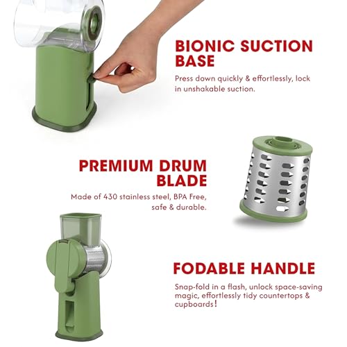 Rotary Cheese Grater Hand Crank with Foldable Handle, Three Blades - color: Green