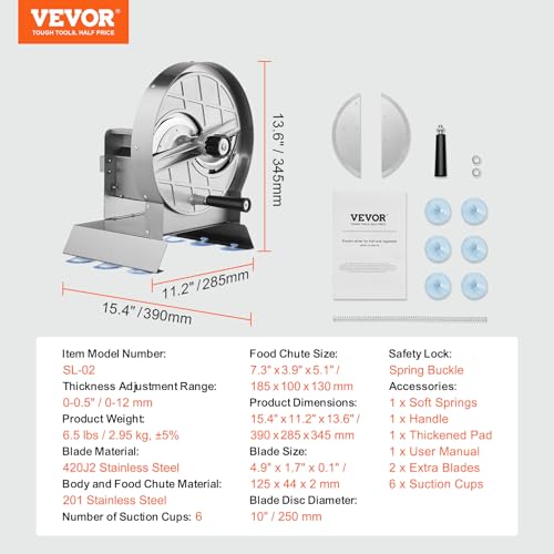 VEVOR Manual Vegetable Fruit Slicer, 0-0.5"/0-12mm Thickness Adjustable Commercial Slicer Machine, Stainless Steel Food Cutter Slicing Machine with 2 Spare Blades, for Potato, Cucumber, Lemon, Tomato - size: Manual-Vegetable-Stainless Steel