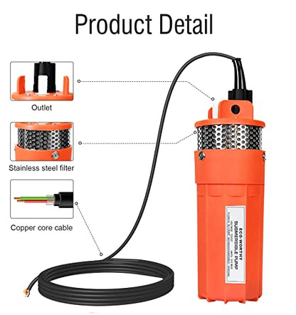ECO-WORTHY 24V Submersible Deep Well Water Pump with 10ft Cable 1.6GPM 4'' 5A, Max Lift 230ft/70m, DC Pump/Alternative Energy Solar Battery Farm & Ranch Submersible Deep Well Pump - size: 24v 96w Well Pump
