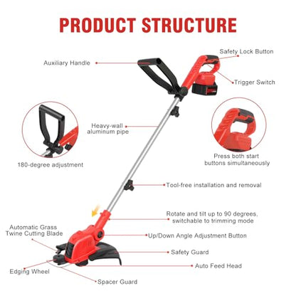 21V Weed Wacker Cordless, 12 Inch Weed Eater Battery Powered with 2 X 4.0Ah - color: Red