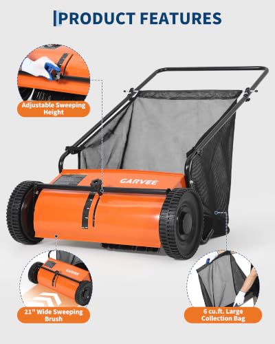 21" Push Lawn Sweeper, 6 Cu.Ft. Hopper, 3 V-Shaped Brushes, Height Adjustable - color: Orange, size: 21in