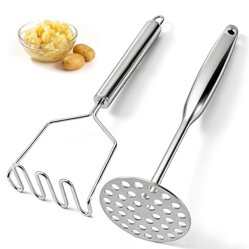 2 Pack Stainless Steel Potato Masher Set, Non-Slip Handle for Potato Puree | Heavy Duty Wave & Round Masher Set,for Avocado & Homemade Baby Puree,Dishwasher Safe