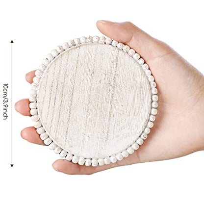 Honeydak 4 Pcs Wooden Coasters Set Round Beaded Coaster 4.7in, Beige - color: Beige