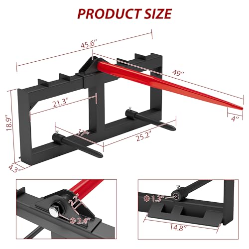 49" Hay Spear Attachment, 3000lbs Capacity Quick Attach Bale Spear Attachment with 1pc 49" Hay Spear & 2pcs 17" Black Stabilizer Spears for Tractors & Skid Steer Loader