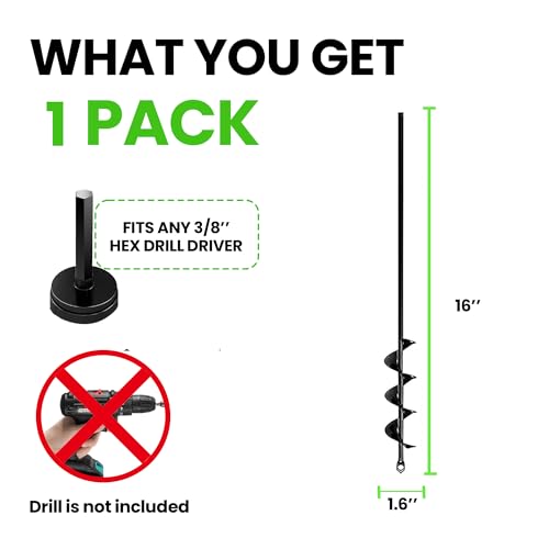 K-Brands Auger Drill Bit for Planting – 1.6" x 16" - 3/8'' Hex Drive Drill | Garden Spiral Hole and Bulb Planter Tool for Umbrella Holes - size: 1.6 x 16 Inch