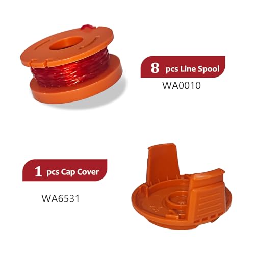 A ANLEOLIFE 9 Pack WA0010 Weed Eater Line Spool for Worx String Trimmers, 10ft 0.065" Auto-Feed Replacement Spools (8 Spools + 1 Cap) - style: 8 Spools + 1 Cap