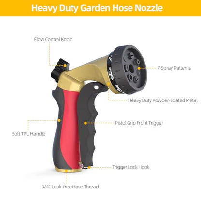 Metal Garden Hose Nozzle with 8 Spray Patterns & Thumb Control - color: Red