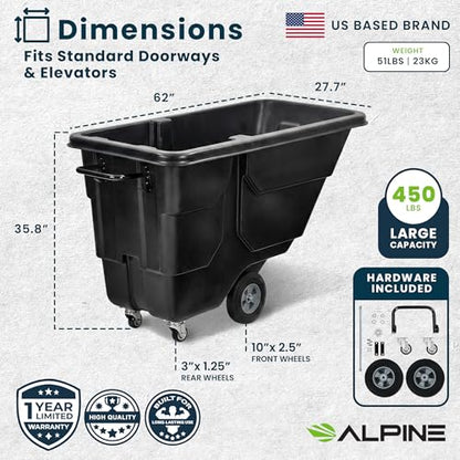 Alpine Trash Cart with Wheels 450 lb Capacity – 1/2 Cubic Yard Utility Tilt Truck, Heavy Duty Rolling Garbage Cart for Warehouse, Laundry & Commercial Use (Black)