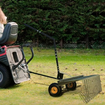 60 Inch Tow Behind Lawn Dethatcher, Tow Behind Steel Pine Straw Rake - color: Black