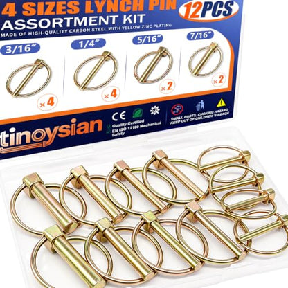 12Pcs 4 Sizes Lynch Pin Assortment Kit Heavy Duty Linch Pin for Trailer Tructs 3 Point Hitch Pins Mower Farm Machinery of 3/16" & 1/4" & 5/16" & 7/16" - size: 4 sizes 12pcs