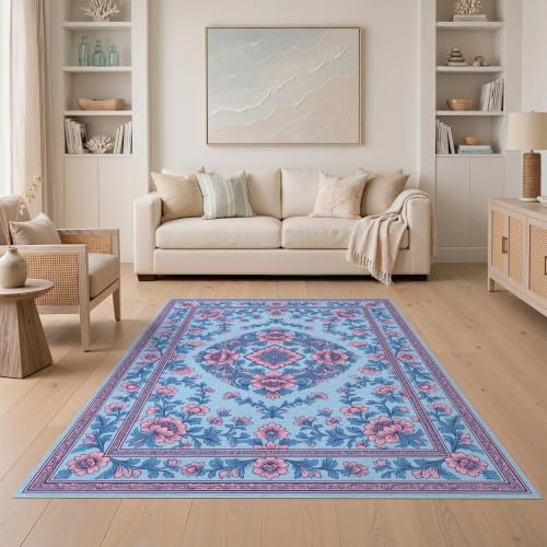 5'x7' Pink Blue Chinoiserie Floral Medallion Washable Area Rug - color: Blue/Pattern 10, size: 5' x 7' (Rectangular)