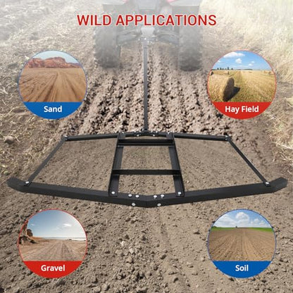 Garvee 74 Inch Wide Heavy Duty Steel Drag Harrow – Tow Behind Leveling Rake with Pin Hitch, Up to 50lbs Capacity, Perfect for Lawn, Driveway, Garden, Tractors, ATVs, UTVs, Mowers – Great for Sand - size: 74 in