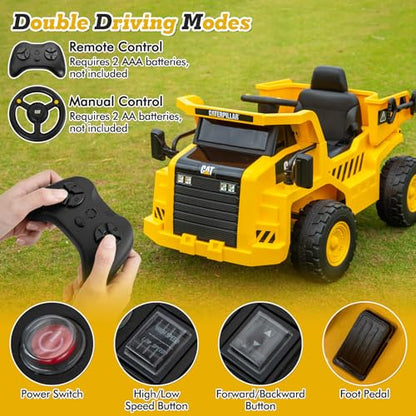 Costzon Ride on Dump Truck, 12V Licensed Caterpillar Kids Electric Vehicle W/Remote Control, Megaphone, Shock Absorbers, Dump Bed, MP3, Ride on Construction Vehicle for Kids, Gift for Boys Girls 3-6