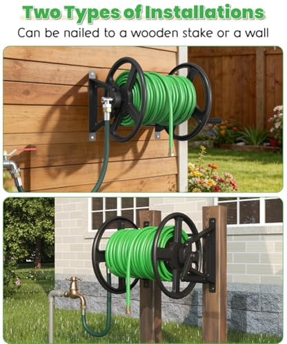 Garden Hose Reel Wall Mounted, Heavy-Duty Water Hose Holder Winder with 3.9 ft Leader Hose & Brass Fitting, Hose Hanger Storage Rack Holds 125-Feet of, 5/8-Inch, for Yard Lawn Farm, Black - color: Black