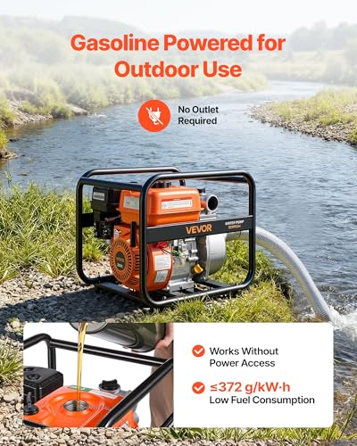 VEVOR Gas Powered Water Pump, 2 in, 132 GPM 6.5HP Semi Trash Water Transfer Pump Portable, Gasoline Engine with 25 ft Discharge Hose, Heavy Duty Frame, Cast Iron Impeller, for Irrigation, Ponds, Pools - size: 2in 6.5 HP 132GPM