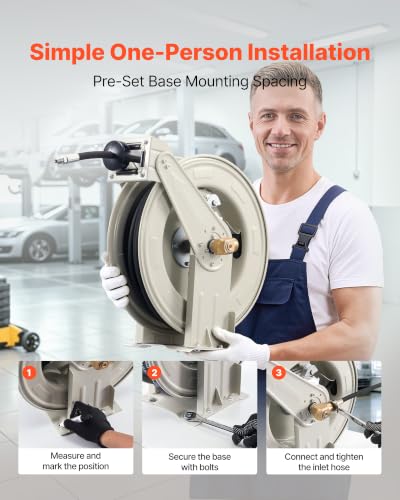 VEVOR Fuel Hose Reel, 1/4" x 50', Extra Long Retractable Grease Hose Reel, Spring Driven Auto Swivel Rewind, Heavy-Duty Carbon Steel Construction with Hose for Auto Repair, Heavy Industries, 5800 PSI - size: 1/4" x 50'