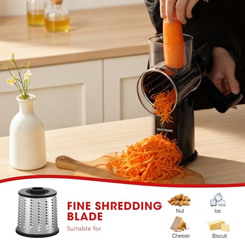Rotary Cheese Grater Hand Crank with Foldable Handle, Three Blades - color: Black