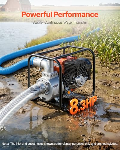 VEVOR Gas Powered Water Pump, 4 in, 422 GPM 8.3HP Semi Trash Water Transfer Pump Portable, Gasoline Engine with 25 ft Discharge Hose, Heavy Duty Frame, Cast Iron Impeller, for Irrigation, Ponds, Pools - size: 4in 8.3 HP 422GPM