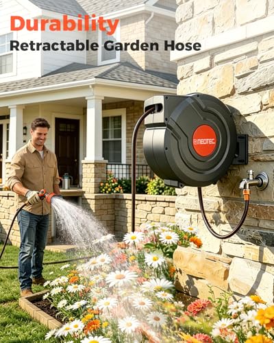 90FT Retractable Garden Hose Reel 5/8 Inch, Heavy Duty Wall Mounted Hose Reel with 9-Pattern Nozzle, Automatic Slow Return & Any-Length Lock, 180° Swivel UV Resistant for Lawn & Car Wash - size: 5/8inch 90ft