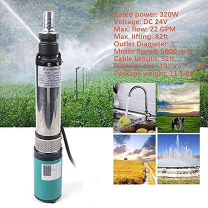 Electric Deep Well Solar Submersible Water Pump DC 24V 320W Farm Ranch Submersible Deep Bore Well Water Pump Pure Copper Motor 5000RPM 22 GPM Large Flow 82ft High Lift (24V 320W) - color: 24v 320w