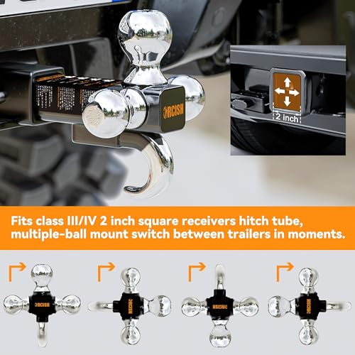 ORCISH Tri-Ball Trailer Hitch Mount with Tow Hook & Pin for 2" Receiver - color: 2"-Standard-Chrome