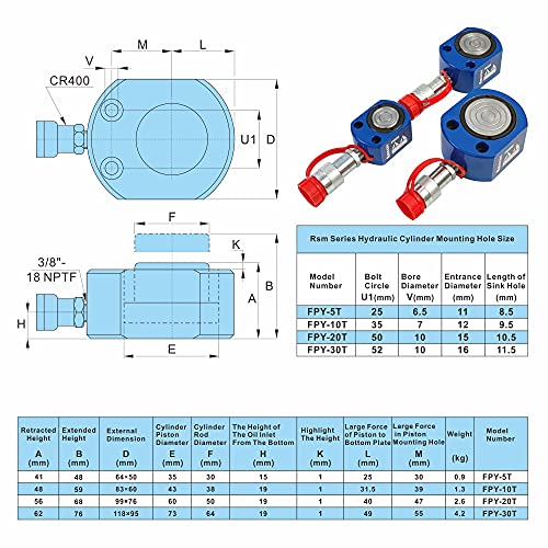 AMZCNC 50 Ton Hydraulic Cylinder Ram, 2" Stroke Single Acting Jack - size: 50T