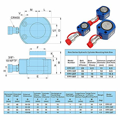 AMZCNC 50 Ton Hydraulic Cylinder Ram, 2" Stroke Single Acting Jack - size: 50T