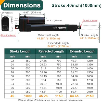 JQDML 40 Inch Stroke Linear Actuator 12V 440 lbs Heavy Duty IP65 Waterproof - size: 40"