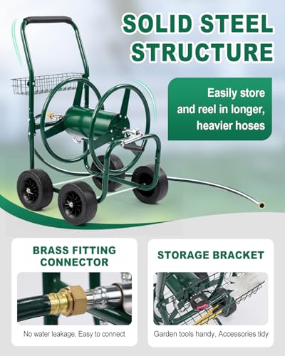 Outvita 250 FT Duty Hose Reel Cart, 4 PU Wheel Garden Storage Cart, Green - color: Green, size: 250FT