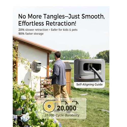 Retractable Garden Hose Reel, 5/8 in x 100 ft UV Resistant Heavy Duty Water Hose Reel with Automatic Slow Rewind & Any Length Lock, 180° Swivel Wall Mount Hose Reels for Outside, 3/4 in Brass Fitting - color: Light Gray, size: 5/8" 100FT