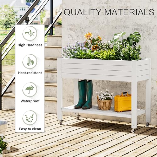 Raised Garden Bed with Shelf, Rolling Resin Planter Box, Ashen - color: Ashen, size: 33.7" H